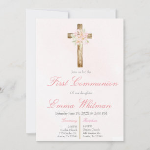 Invitación Cruz floral rosa primera comunión