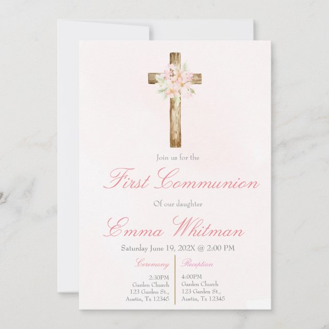 Invitación Cruz floral rosa primera comunión (Anverso)