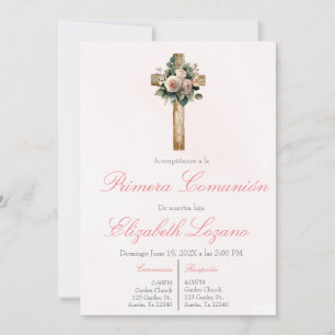 Invitación Cruz floral rosa primera comunión española