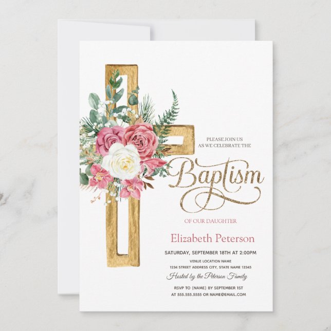 Invitación Cruz Floral rosas, bautismo punteado (Anverso)