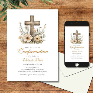 Invitación Cruz Floral Rústica para Confirmación de Niñas
