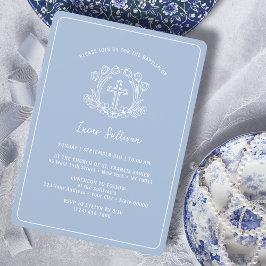 Invitación Cruz floral simple en bautismo azul claro