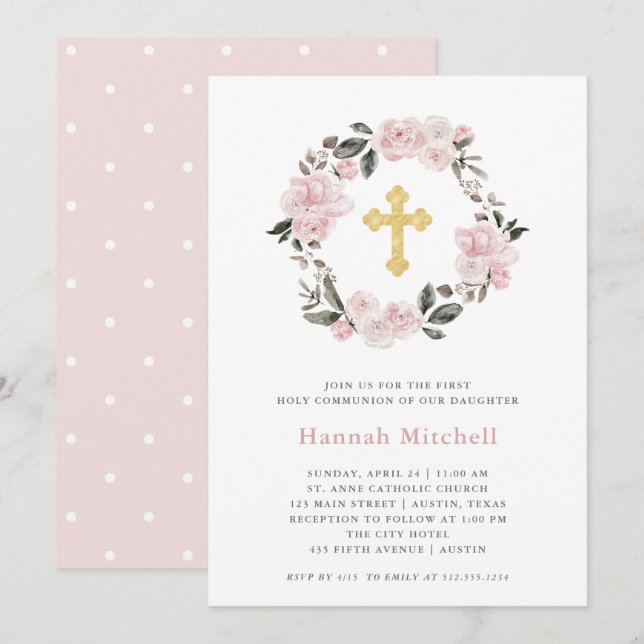 Invitación Cruz Floral y Gold de Rubor | Primera Comunión San (Anverso / Reverso)