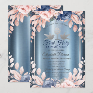 Invitación Cruz Flores Primero Azul Metálico Primera Comunión