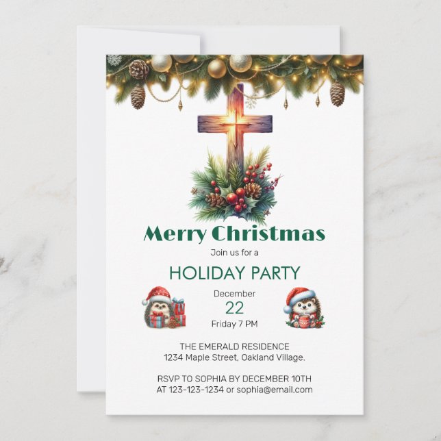 Invitación Cruz iluminada por el sol con Holly, Navidades (Anverso)