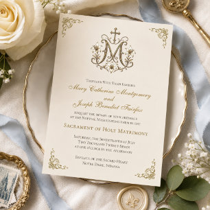 Invitación Cruz Mariana de Oro Monograma Boda Nupcial