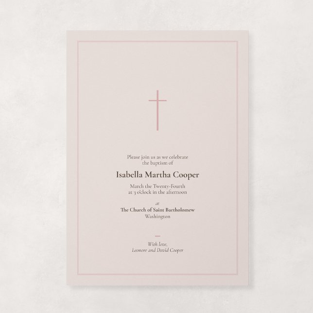 Invitación Cruz Mínima Religiosa Rosa Claro Bautizo (Grace - Minimal Cross Baptism Invitation in Blush)