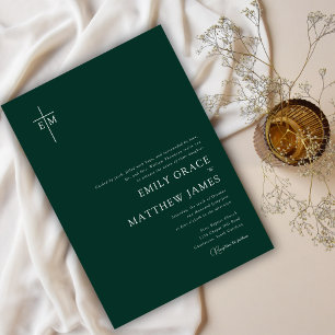 Invitación Cruz minimalista monogramada cristiana bosque verd