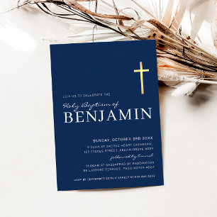 Invitación CRUZ MODERNA bautismo sagrado mínimo azul marino b