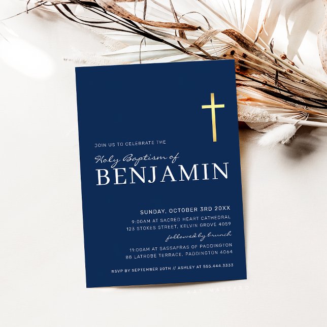 Invitación CRUZ MODERNA bautismo sagrado mínimo azul marino b (Subido por el creador)