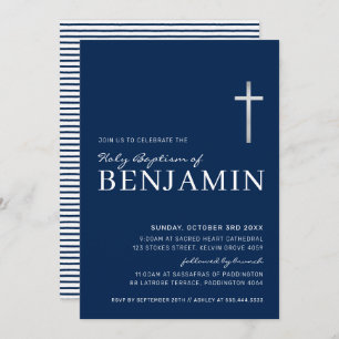 Invitación CRUZ MODERNA bautismo sagrado mínimo azul marino b