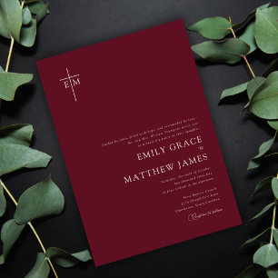 Invitación Cruz Monogramada Cristiana Minimalista Burdeos