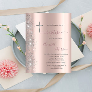 Invitación Cruz plateada chic bautizo rosa dorado brillo polv