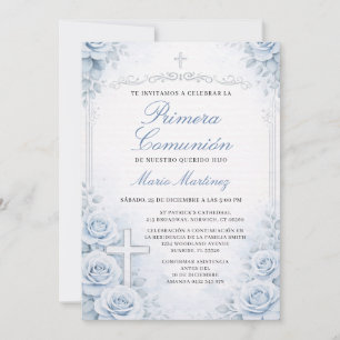 Invitación Cruz Primera Comunión Niño Floral Azul