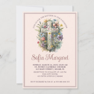 Invitación Cruz religiosa acuarela floral niña bautizo