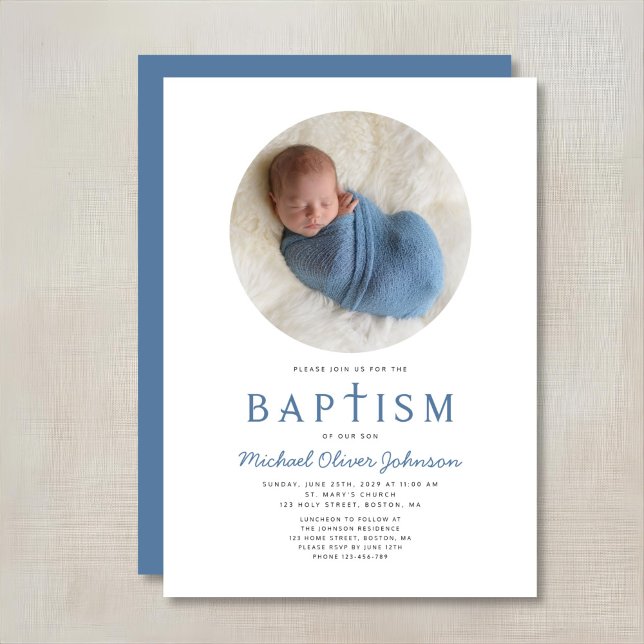 Invitación Cruz Religiosa Azul 1 Foto Bautismo (Blue Religious Cross 1 Photo Boy Baptism Invitation)