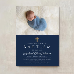 Invitación Cruz Religiosa Azul Elegante Niño Bautizo Foto