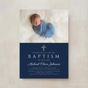 Invitación Cruz Religiosa Azul Elegante Niño Bautizo Foto