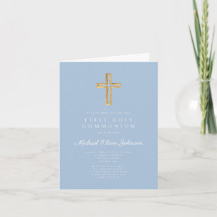 Invitación Cruz Religiosa Azul Elegante Niño Primera Comunión