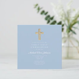 Invitación Cruz Religiosa Azul Elegante Niño Primera Comunión