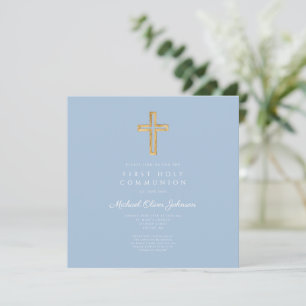 Invitación Cruz Religiosa Azul Elegante Niño Primera Comunión