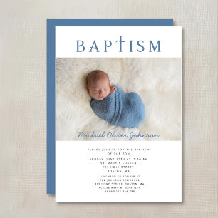 Invitación Cruz Religiosa Azul Foto Niño Bautizo 