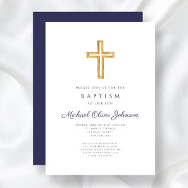 Invitación Cruz Religiosa Azul Marino Bautizo Niño