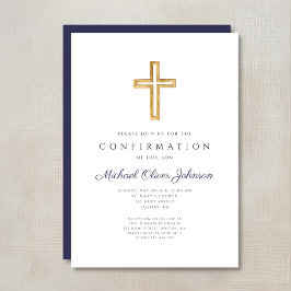 Invitación Cruz Religiosa Azul Marino Confirmación Niño