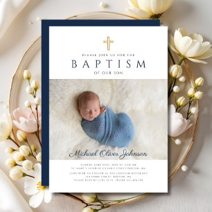 Invitación Cruz Religiosa Azul Marino Foto Niño Bautizo