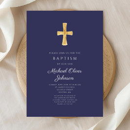 Invitación Cruz Religiosa Azul Marino Moderna Bautizo Niño