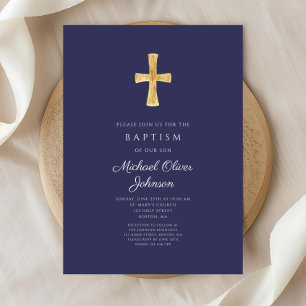 Invitación Cruz Religiosa Azul Marino Moderna Bautizo Niño