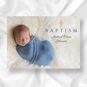 Invitación Cruz Religiosa Azul Marino Niño Bautizo Foto