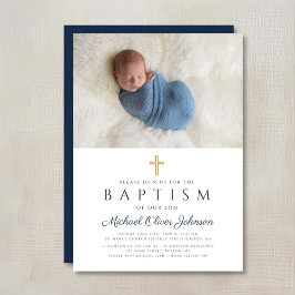 Invitación Cruz Religiosa Azul Marino Niño Bautizo Foto