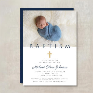 Invitación Cruz Religiosa Azul Marino Niño Bautizo Foto