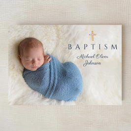 Invitación Cruz religiosa azul marino Niño Bautizo Foto
