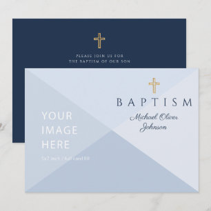 Invitación Cruz religiosa azul marino Niño Bautizo Imagen per