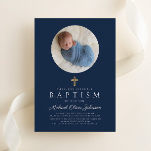 Invitación Cruz Religiosa Azul Marino Niño Foto Bautizo