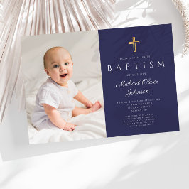 Invitación Cruz Religiosa Azul Marino Niño Foto Bautizo