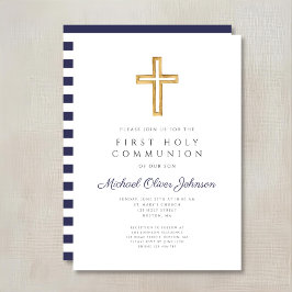 Invitación Cruz religiosa azul marino niño primera comunión