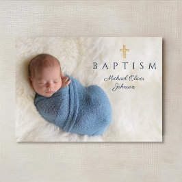 Invitación Cruz Religiosa Azul Moderna Foto de Bautizo de Niñ