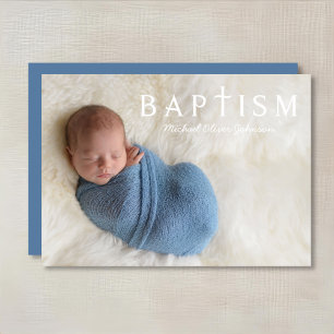 Invitación Cruz Religiosa Azul Moderna Foto Niño Bautizo