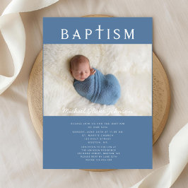 Invitación Cruz Religiosa Azul Moderna Foto Niño Bautizo