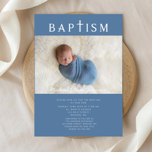 Invitación Cruz Religiosa Azul Moderna Foto Niño Bautizo