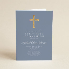 Invitación Cruz religiosa azul polvorienta niño primera comun
