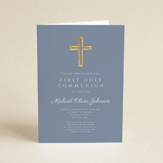 Invitación Cruz religiosa azul polvorienta niño primera comun