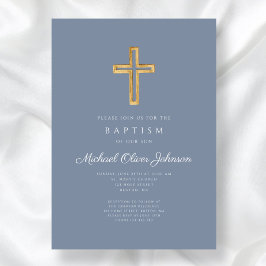 Invitación Cruz Religiosa Azul Polvoriento Moderna Bautizo Ni