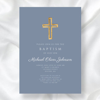 Invitación Cruz Religiosa Azul Polvoriento Moderna Bautizo Ni