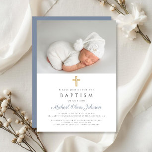 Invitación Cruz Religiosa Azul Polvoriento Niño Foto Bautizo