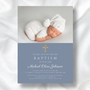Invitación Cruz Religiosa Azul Polvoriento Niño Foto Bautizo