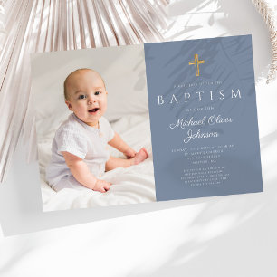 Invitación Cruz Religiosa Azul Polvoriento Niño Foto Bautizo